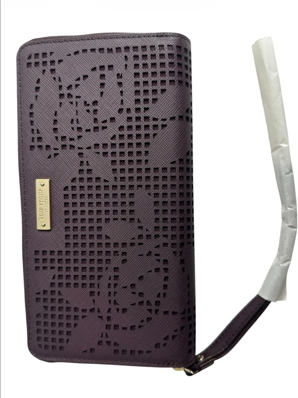 kate spade plum perforated floral zip phone wristlet
